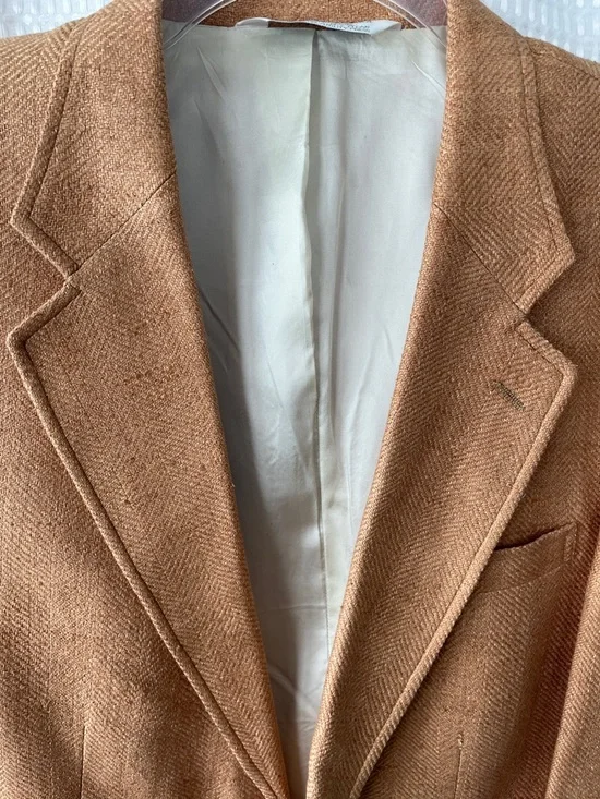 Vintage 80s Lands’ End 100% Wool Blazer 42R Tan Herringbone USA Tailored - Picture 4 of 11